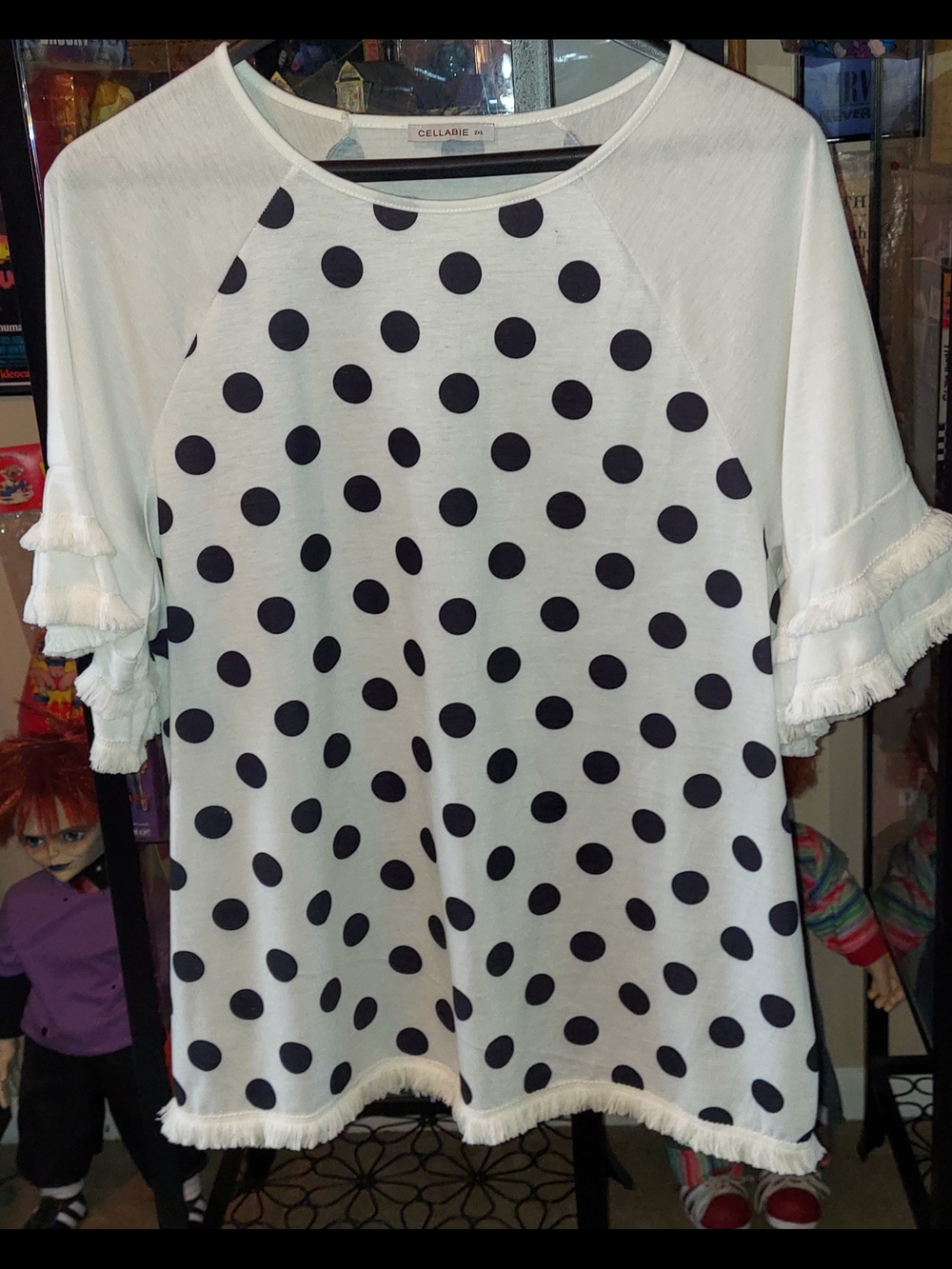 Ellbi White/Black Polka Dot Ruffle Sleeve Top